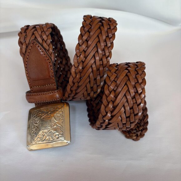 1 World Handmade Braided Leather Belt Brown Silver Square Buckle Size M main image 6